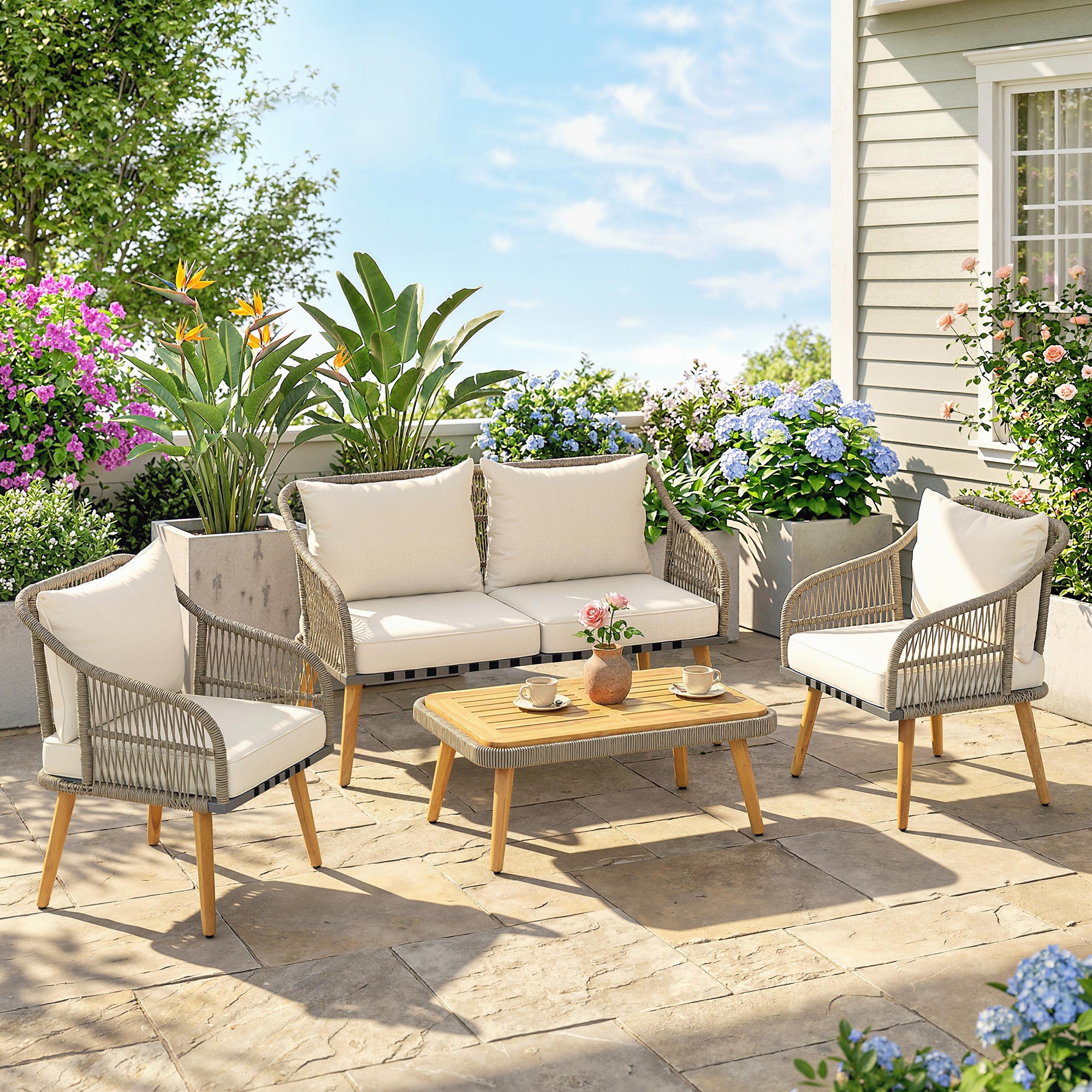 Outsunny 4 Piece Rattan Garden Furniture Set with Loveseat, Armchairs, Wood Table, Wicker Patio Conversation Set, Cream White 