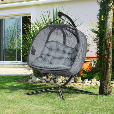 Outsunny Double Hanging Egg Chair 2 Seaters Texteline Swing Hammock Chair with Stand, Cushion and Folding Design, for Indoor and Outdoor, Grey 