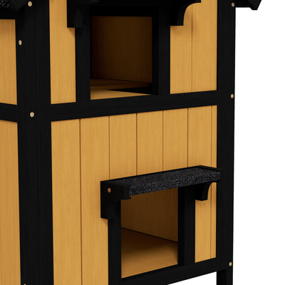 PawHut Wooden Cat House with Flower Pot, Windows, Multiple Entrances, Water-Resistant Roof for Outdoor - Yellow 