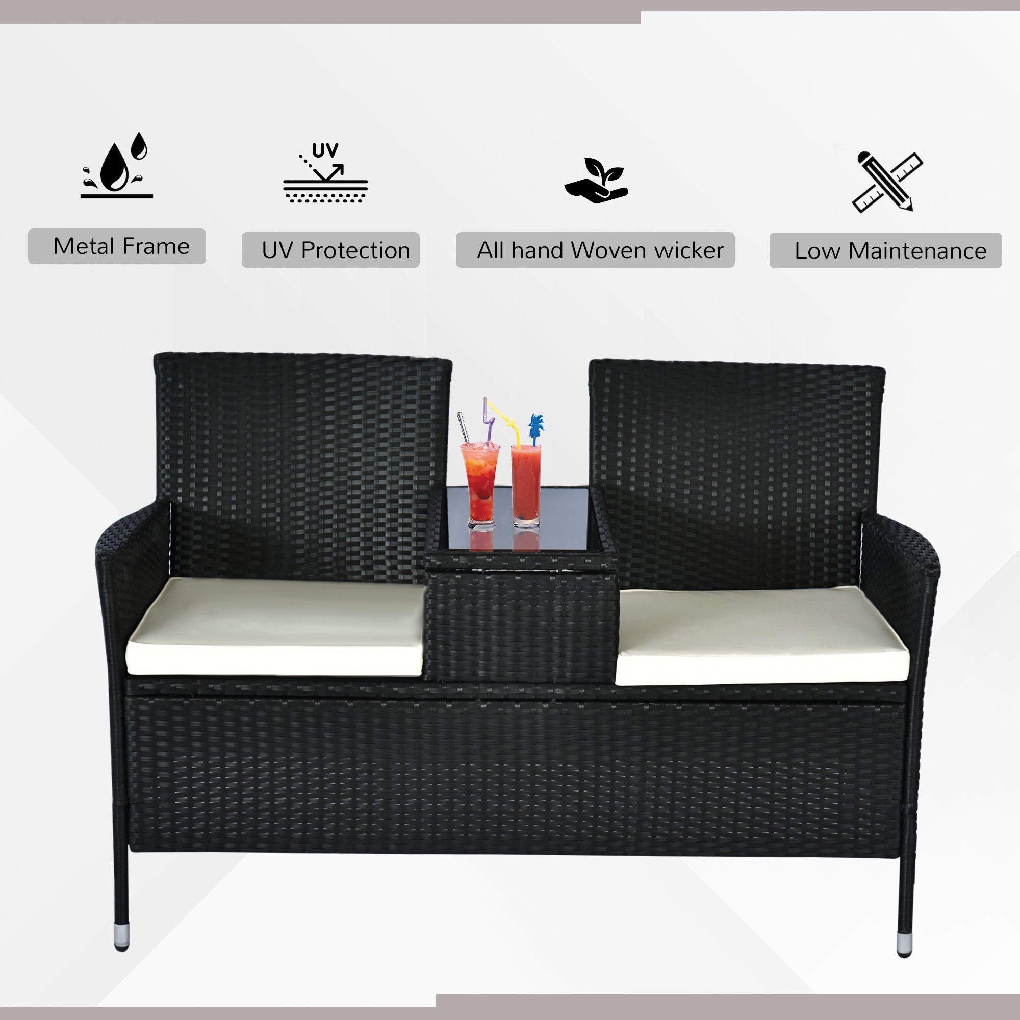 Outsunny 2 Seater Rattan Campanion Chair Wicker Loveseat Outdoor Patio Armchair with Drink Table Garden Furniture - Black 