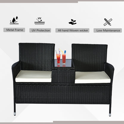 Outsunny 2 Seater Rattan Campanion Chair Wicker Loveseat Outdoor Patio Armchair with Drink Table Garden Furniture - Black 
