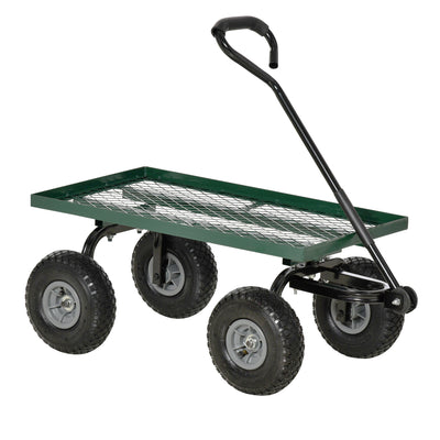 Outsunny Garden Trolley Cart, Heavy Duty Garden Cart with Metal Frame, 10" Pneumatic Wheels, Rotating Handle, 150kg Capacity, for Garden, Farm, Green 