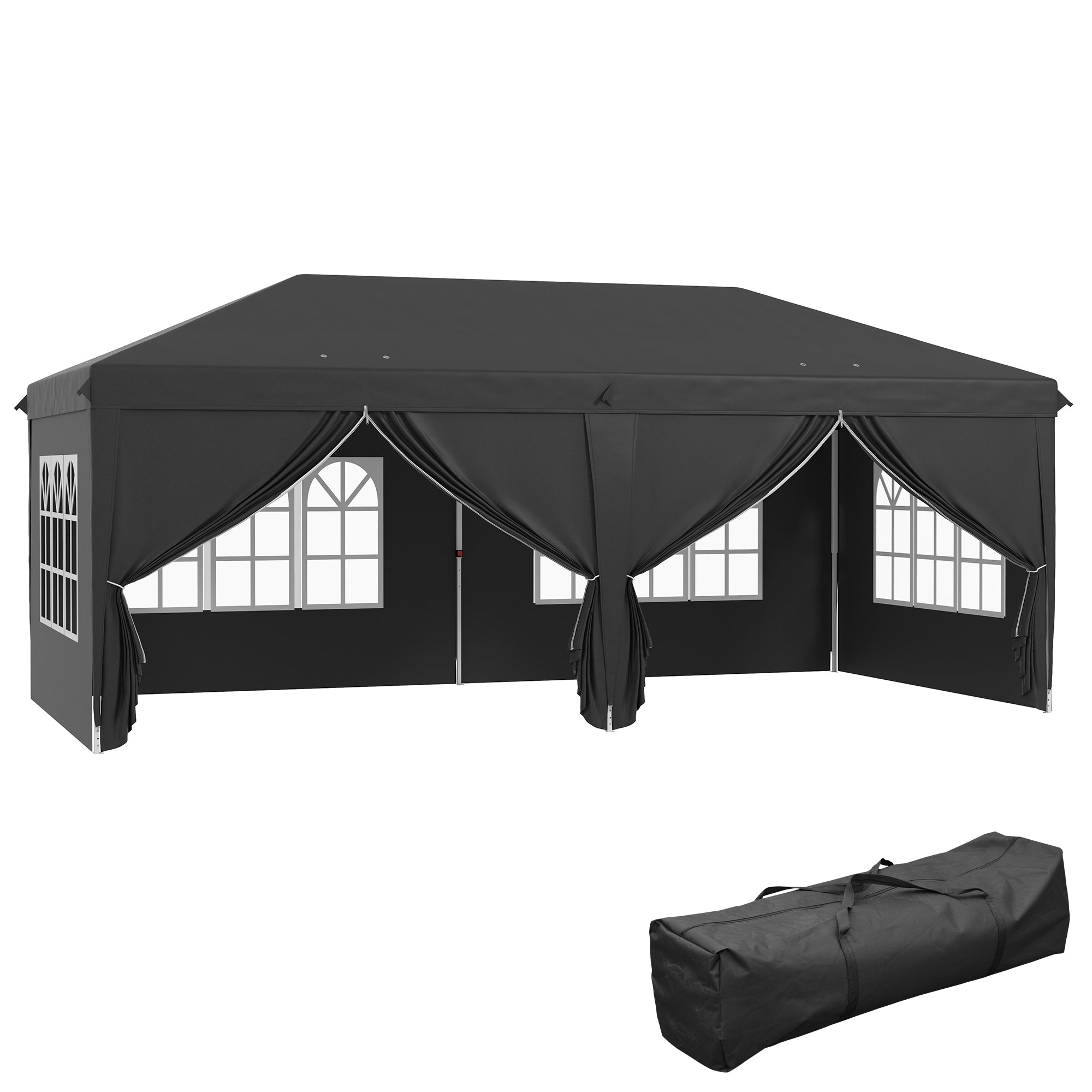 Outsunny 3 x 6 m Pop Up Gazebo with Sides and Windows, Height Adjustable Wedding Camping Party Tent Canopy Marquee with Storage Bag for Garden, Event, Black