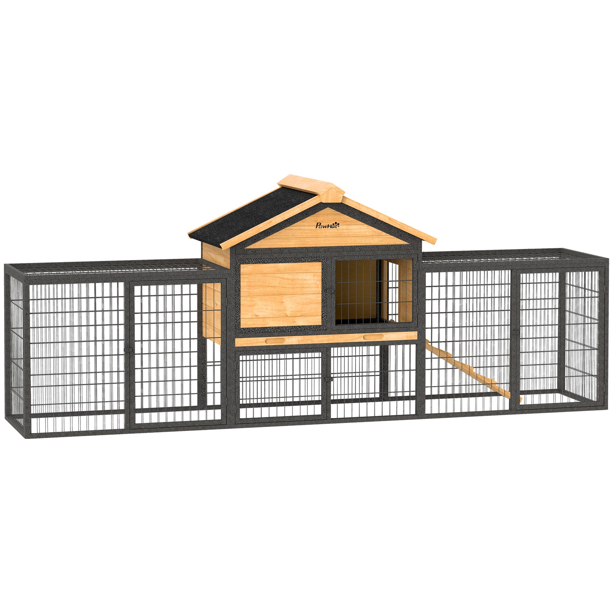 PawHut Wooden Rabbit Hutch Outdoor with Steel Run, Wooden Guinea Pig Cage with Removable Plastic Tray, Asphalt Roof, Ramp 