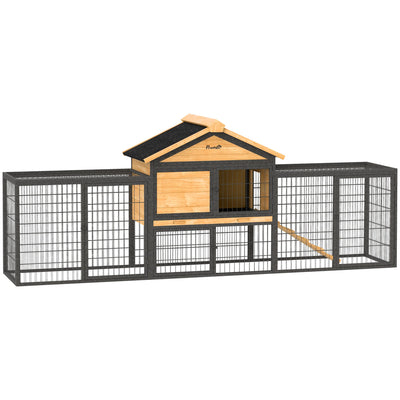 PawHut Wooden Rabbit Hutch Outdoor with Steel Run, Wooden Guinea Pig Cage with Removable Plastic Tray, Asphalt Roof, Ramp 