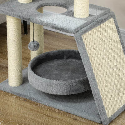 PawHut Cat Tree Tower, with Scratching Posts, Pad, Bed, Perch, Toy Ball - Light Grey 