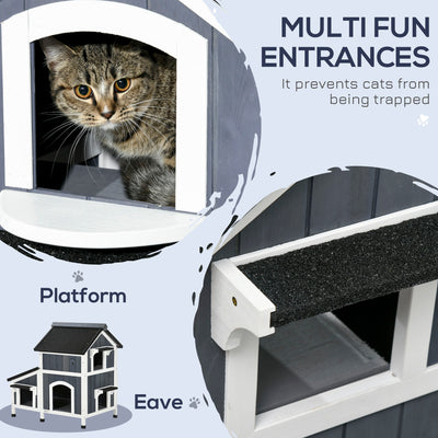 PawHut Wooden Cat House with Flower Pot, Windows, Multiple Entrances, Water-Resistant Roof for Outdoor - Grey 