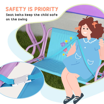 Outsunny Two Seater Kids Garden Swing, Fairy Themed kids Swing Chair with Adjustable Canopy, Safety Belts for Outdoor Use 