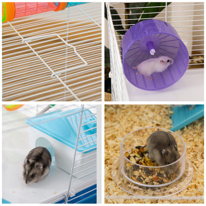 PawHut Hamster Cage, Gerbil Cage 3 Tier for Dwarf Hamster with Tube, Exercise Wheel, Water Bottle, Food Dish 59 x 36 x 47 cm- Blue 