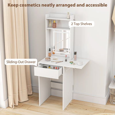 HOMCOM Small Vanity Desk with Mirror and LED Lights, Compact Dressing Table with Drop Leaf, Open Shelves and Drawer, White 