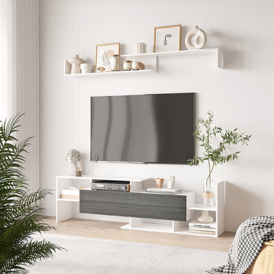 HOMCOM Modern TV Cabinet with Wall Shelf, TV Unit with Storage Shelf and Cabinet, for Wall-Mounted 65" TVs or Standing 40" TVs, White and Grey 