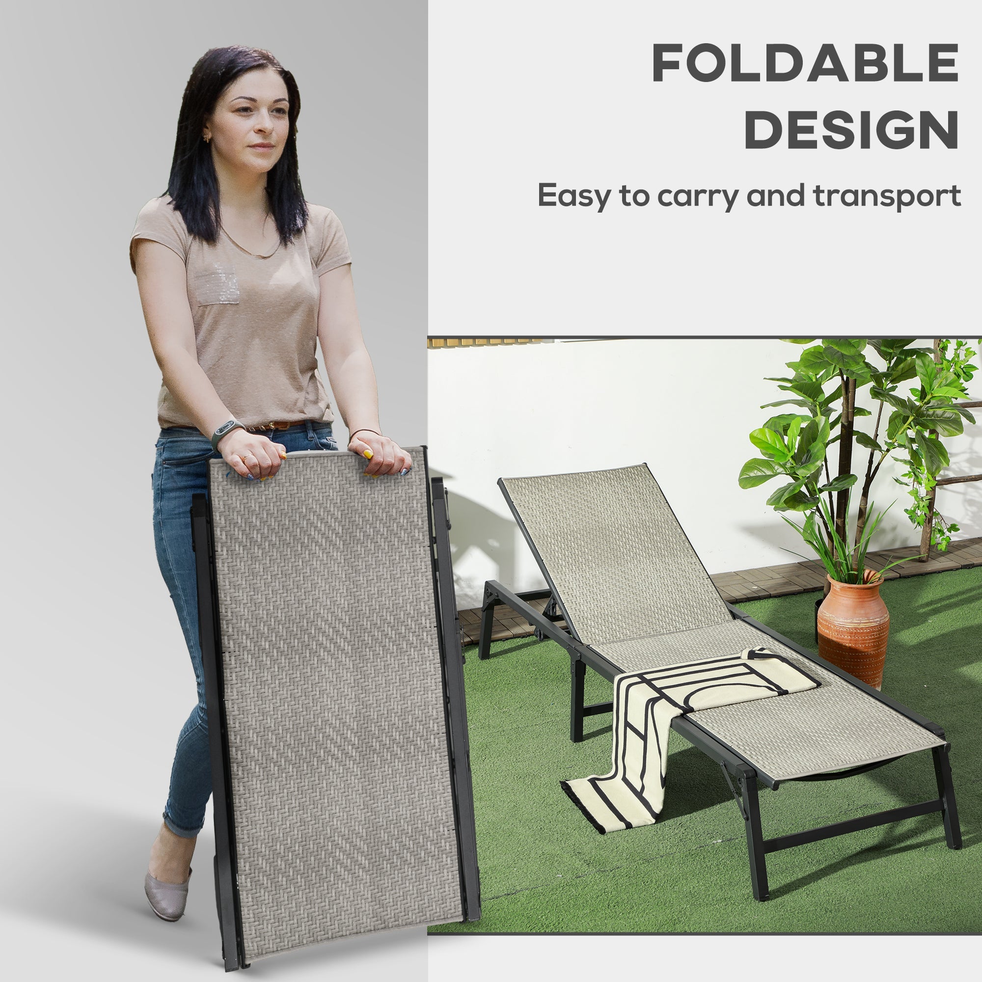 Outsunny Foldable Outdoor PE Rattan Sun Lounger Set of 2, Patio Wicker Recliners Lounge Chair w/ 5-Level Adjustable Backrest, for Poolside, Garden, Mixed Grey 