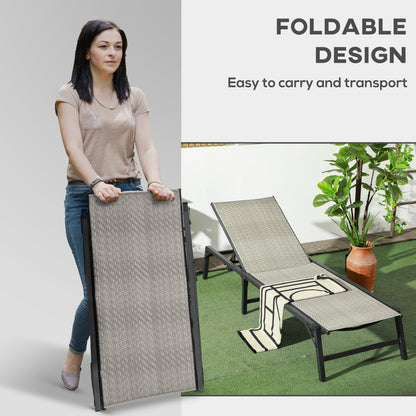 Outsunny Foldable Outdoor PE Rattan Sun Lounger Set of 2, Patio Wicker Recliners Lounge Chair w/ 5-Level Adjustable Backrest, for Poolside, Garden, Mixed Grey 