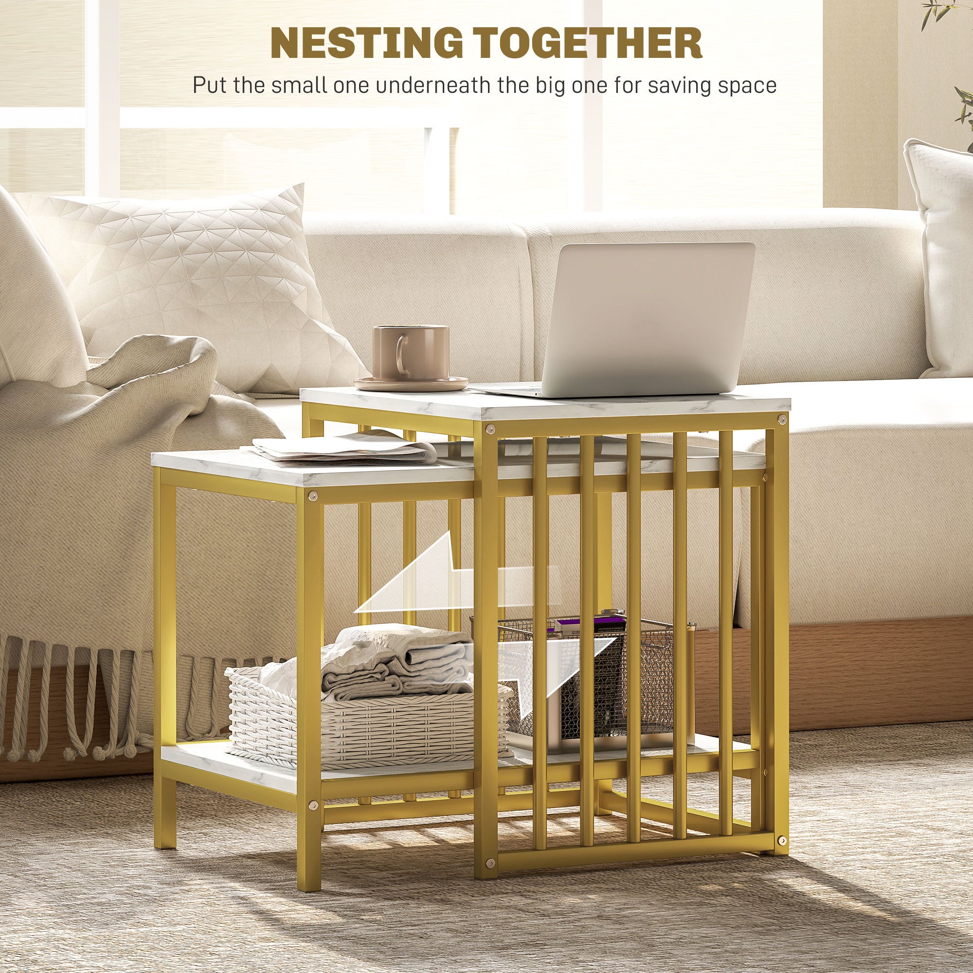 HOMCOM Modern Coffee Table Set of Two, Marble-Effect Nesting Side Tables with Steel Frame for Living Room, Gold Tone 