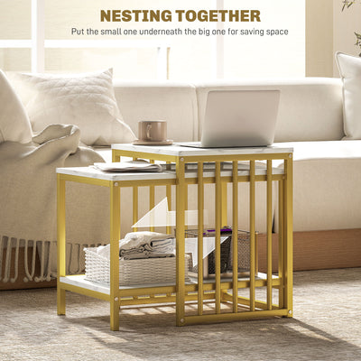 HOMCOM Modern Coffee Table Set of Two, Marble-Effect Nesting Side Tables with Steel Frame for Living Room, Gold Tone 