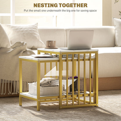 HOMCOM Modern Coffee Table Set of Two, Marble-Effect Nesting Side Tables with Steel Frame for Living Room, Gold Tone 