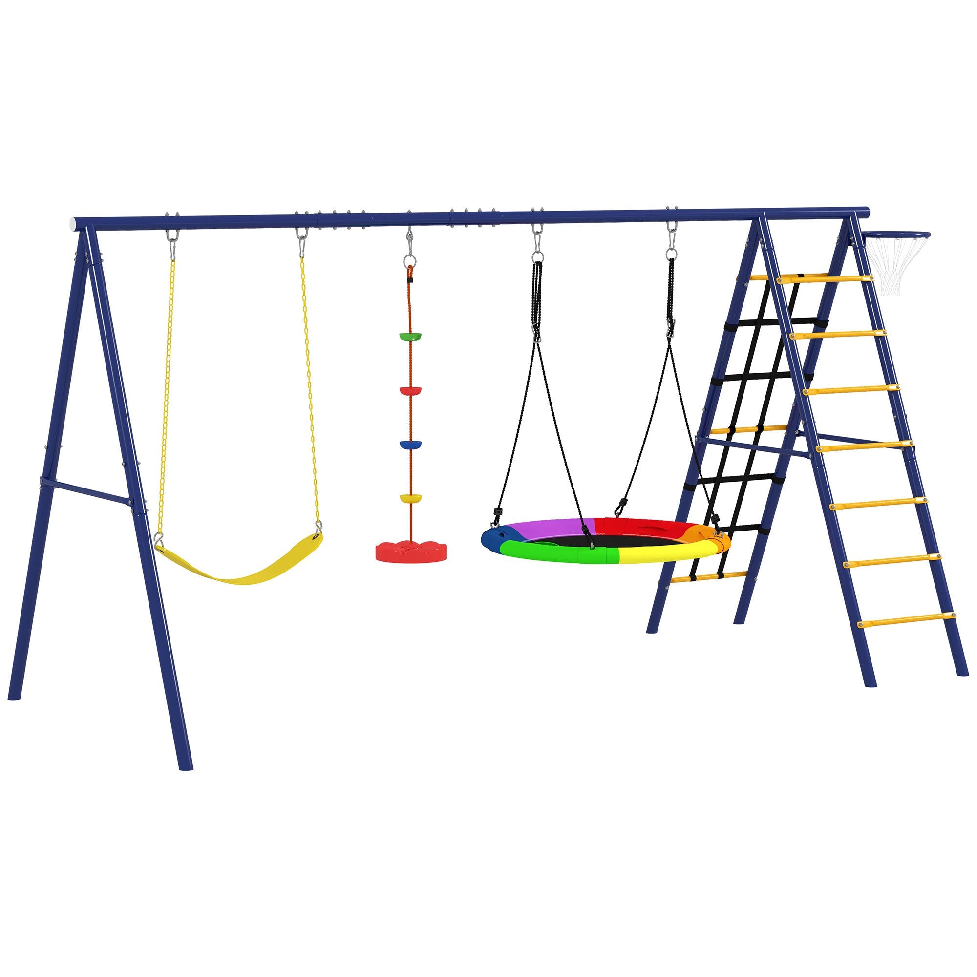 AIYAPLAY 6 in 1 Metal Kids Swing Set with 3 Swings, Climbing Ladder & Net, Basketball Hoop, for Ages 3-8 