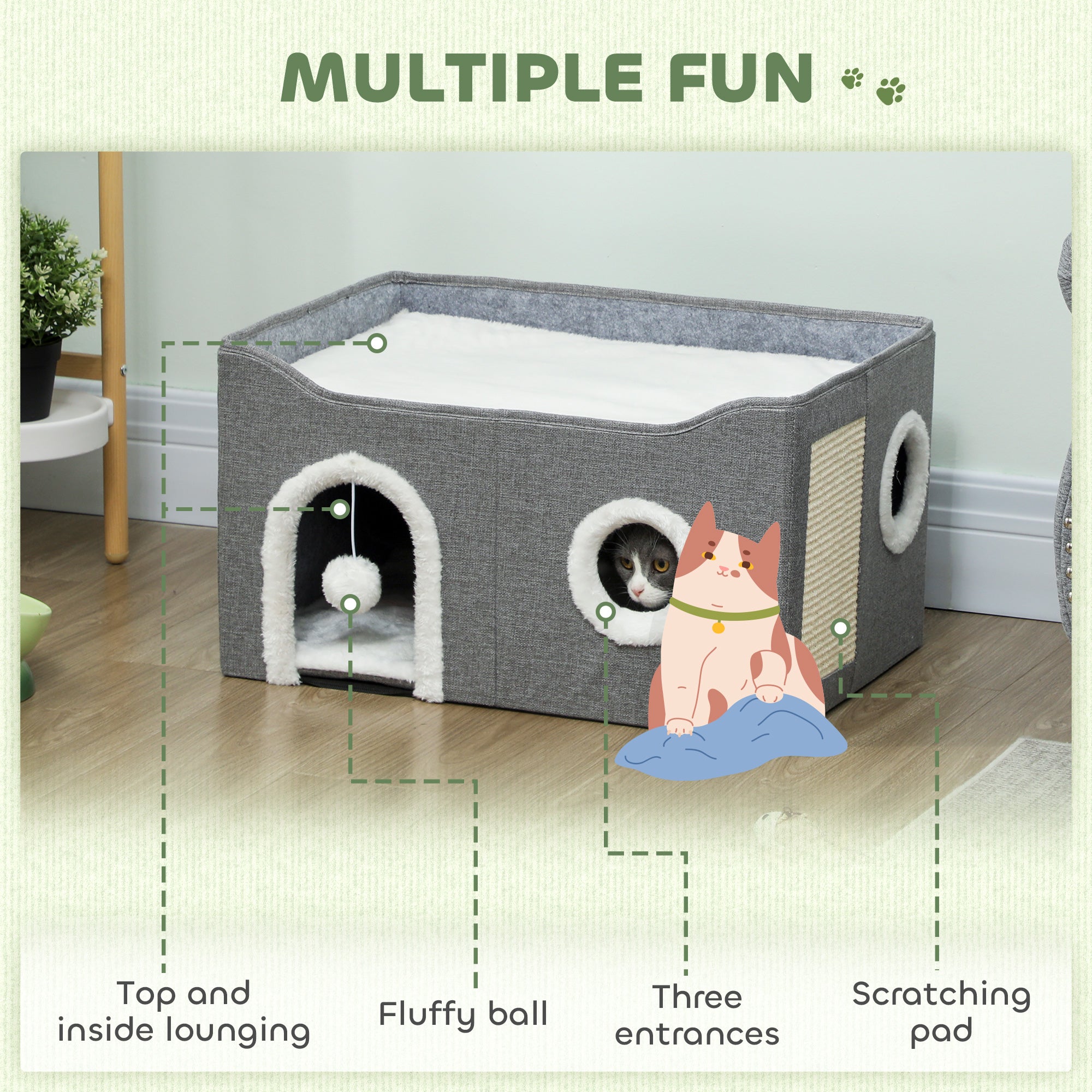 PawHut Cat Bed for Indoor Pets, Foldable Cat House with Fluffy Ball and Scratch Pad for Small and Medium Pets, Grey 