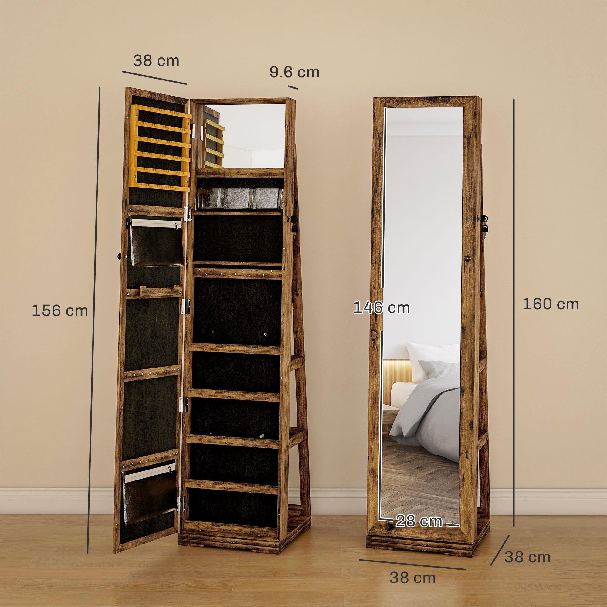 HOMCOM 360° Swivel Jewellery Cabinet, Mirror Armoire, Full Length Mirror, Lockable Jewellery Organiser with Built-In Small Mirror, Rustic Brown 