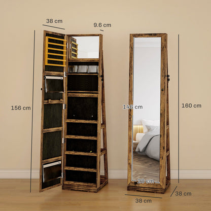 HOMCOM 360° Swivel Jewellery Cabinet, Mirror Armoire, Full Length Mirror, Lockable Jewellery Organiser with Built-In Small Mirror, Rustic Brown 