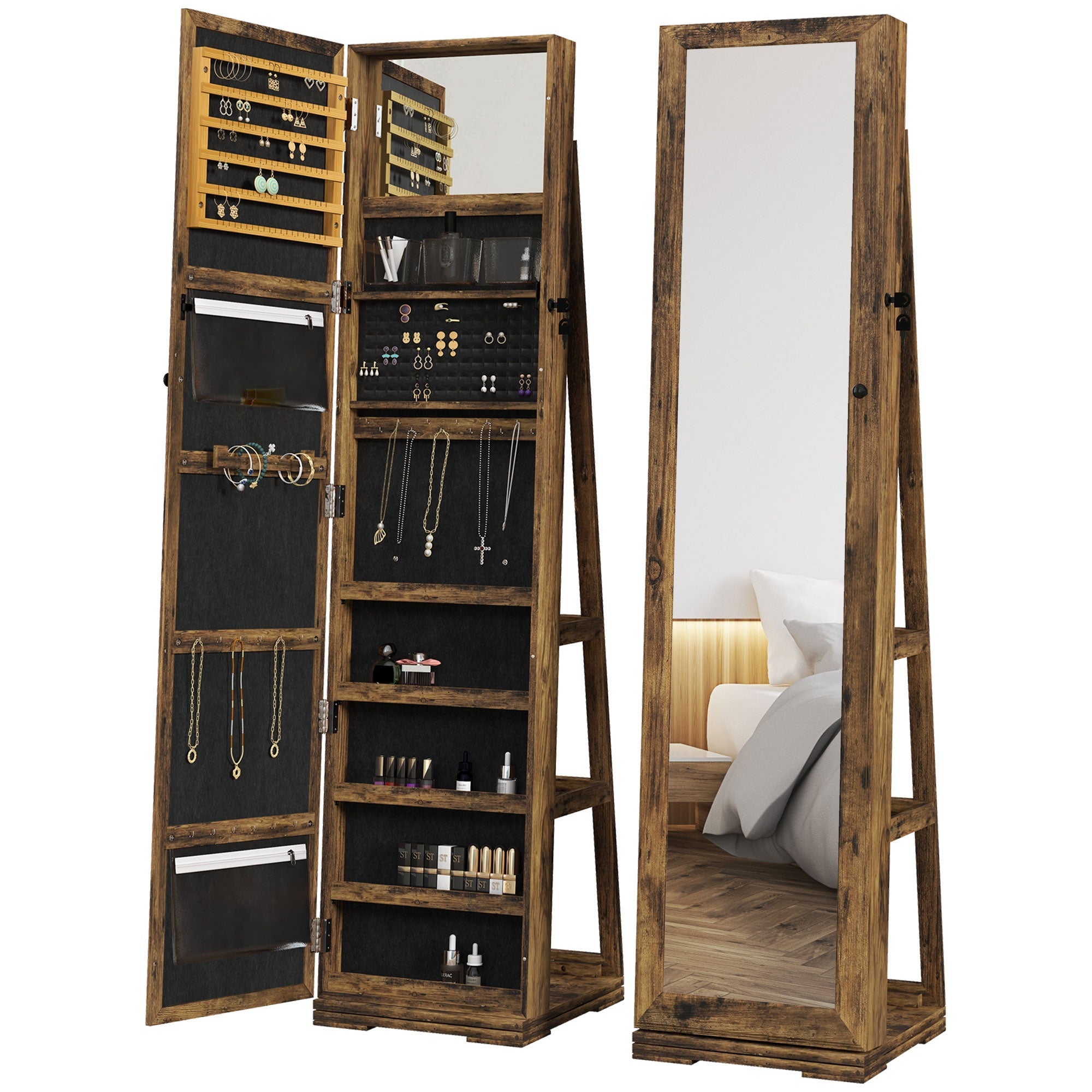 HOMCOM 360° Swivel Jewellery Cabinet, Mirror Armoire, Full Length Mirror, Lockable Jewellery Organiser with Built-In Small Mirror, Rustic Brown 