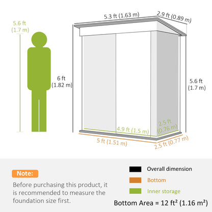 Outsunny 5 x 3ft Garden Storage Shed with Sliding Door and Sloped Roof Outdoor Equipment Tool, Light Grey 
