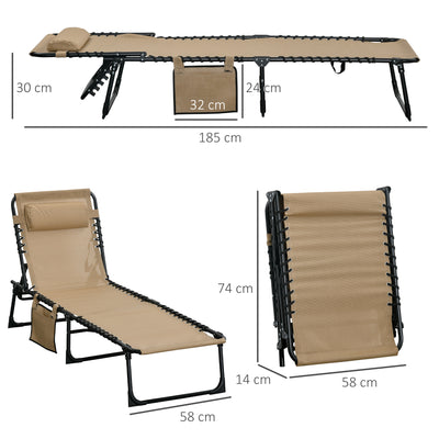 Outsunny Portable Sun Lounger Set of 2, Folding Camping Bed Cot, Reclining Lounge Chair 5-position Adjustable Backrest with Side Pocket, Pillow for Patio Garden Beach Pool, Beige 