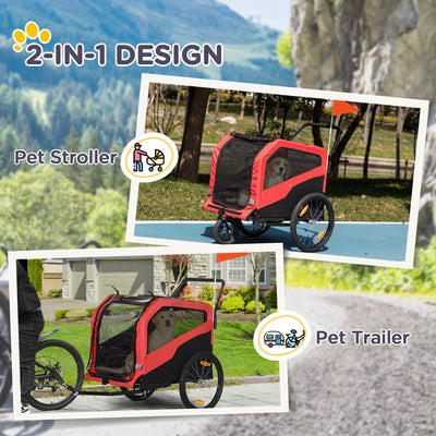 PawHut 2 in 1 Dog Bike Trailer Pet Stroller for Large Dogs with Hitch, 20" Wheels, Pet Bicycle Cart Trolley Carrier for Travel, Red 
