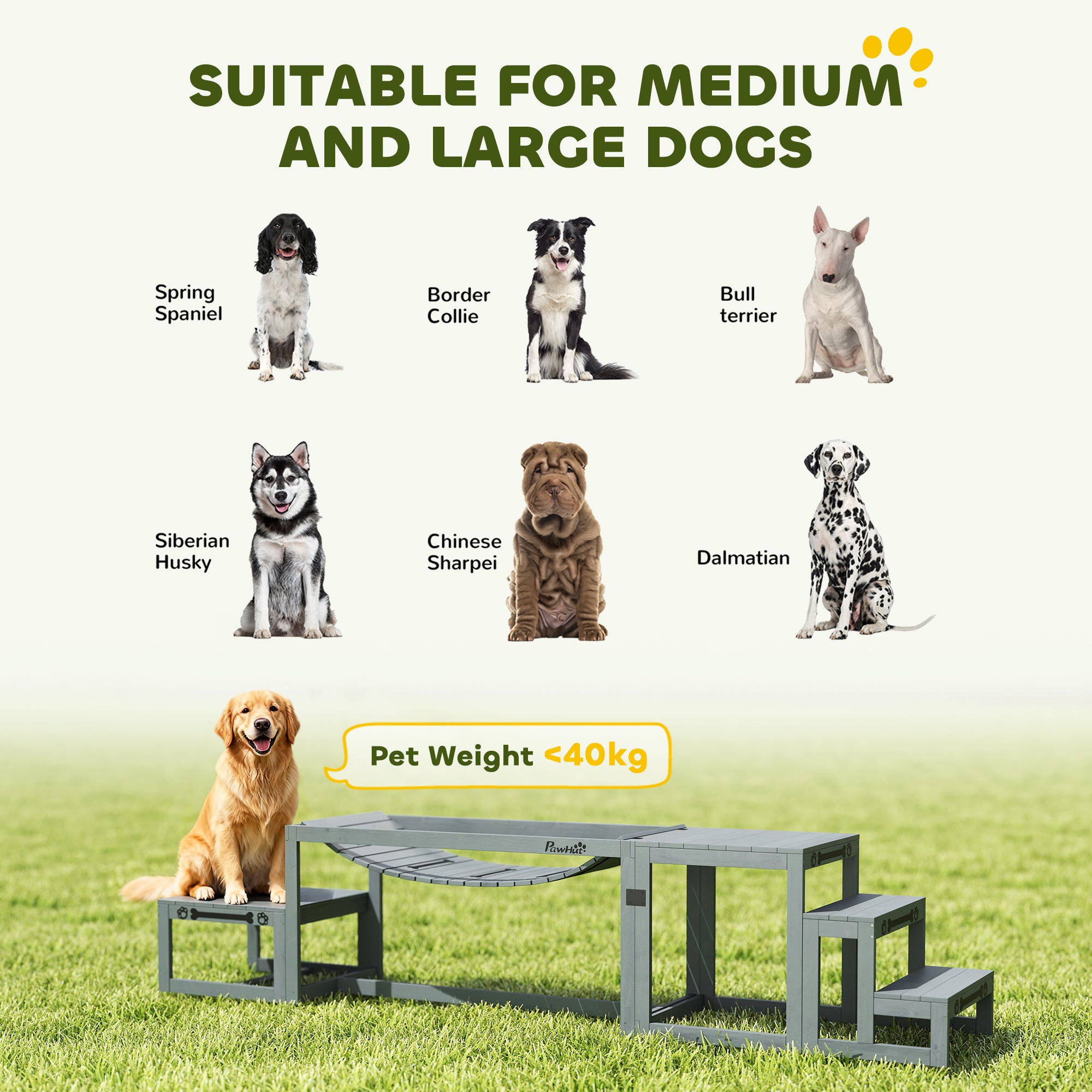 PawHut 3 Pieces Wooden Dog Agility Training Equipment with Soft Bridge, Pause Platform and Pet Stair for Outdoor, Grey 
