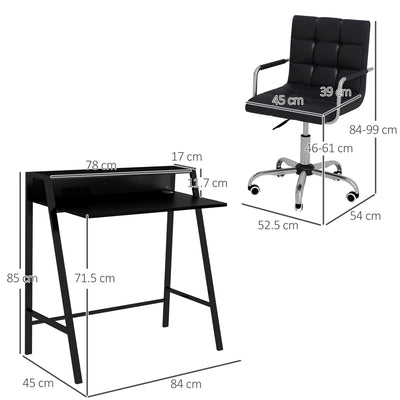 HOMCOM Home Office Chair and Computer Desk Set, Faux Leather Desk Chair with Swivel Wheels, Study Desk with Storage Shelf, Black 