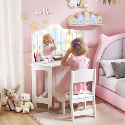 AIYAPLAY Kids Dressing Table and Stool Set, Girls Vanity Table with 2-Colour LED Lights, Tri-Folding Mirror, White 