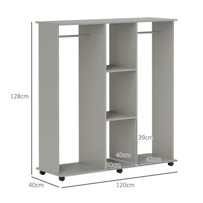 HOMCOM Open Wardrobe Double Mobile Storage Shelves Organizer W/6 Wheels-Grey 