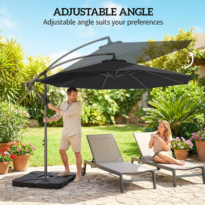 Outsunny 3m Overhanging Parasol, with Base, Weights and Cover - Black 