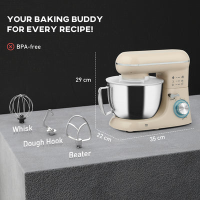 HOMCOM 1300W Kitchen Stand Mixer, with Accessories - Beige 