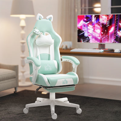 HOMCOM Cat Ear and Paw Reclining Office Chair, with Footrest - Light Blue/White 