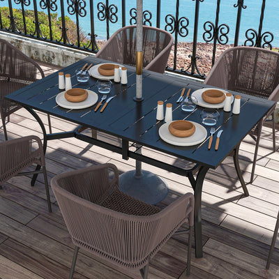Outsunny Rectangle Garden Dining Table with Parasol Hole, Patio Table with Steel Frame and Slat Tabletop, 150cm x 90cm, Black 