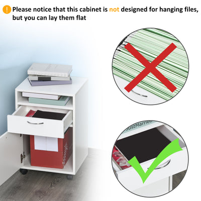 HOMCOM 60cm Filing Cabinet with Drawer, Open Shelf, Metal Handles and 4 Wheels, Office Home Organiser Mobile Printer, White 