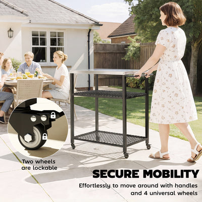 Outsunny Outdoor Grill Cart with Stainless Steel Tabletop, 3-Tier Pizza Oven Stand with 2 Shelves, 6 Hooks, Wheels, Black 