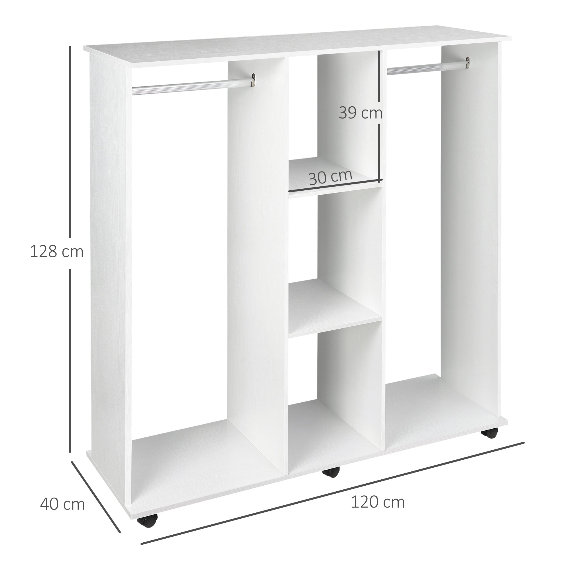 HOMCOM Open Wardrobe Double Mobile Storage Shelves Organizer W/6 Wheels-White 