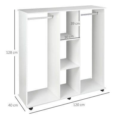 HOMCOM Open Wardrobe Double Mobile Storage Shelves Organizer W/6 Wheels-White 