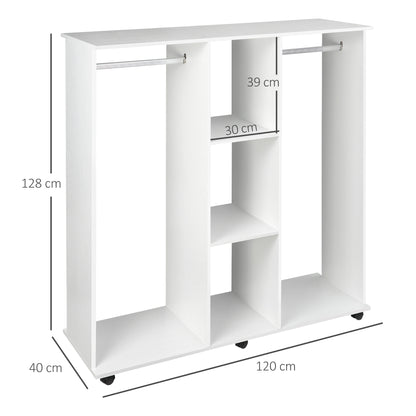 HOMCOM Open Wardrobe Double Mobile Storage Shelves Organizer W/6 Wheels-White 