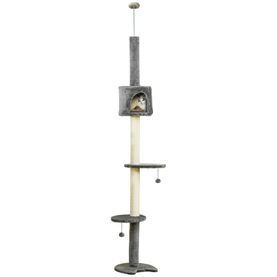 PawHut Floor to Ceiling Cat Tree for Indoor Cats, Kitten Tower, Condo, Multi-Layer Activity Center, Indoor Pet Play House with Solid Scratching Post Hanging Balls, Light Grey 