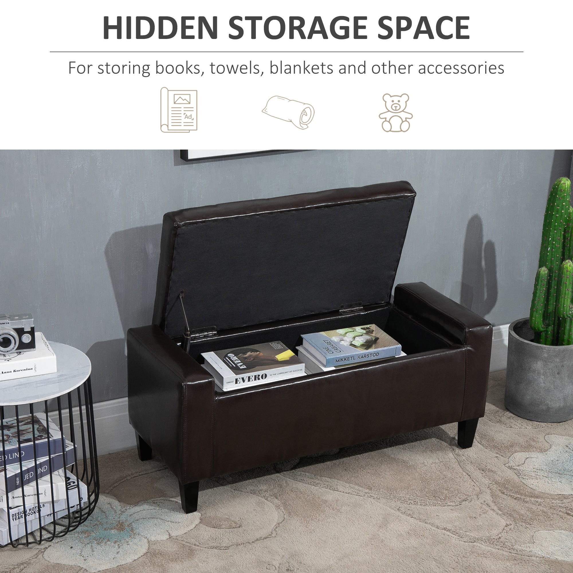 HOMCOM PU Leather Storage Ottoman Bench Storage Chest Tufted Ottoman Cube w/ Flipping Top 92L x 40W x 40H cm Brown 