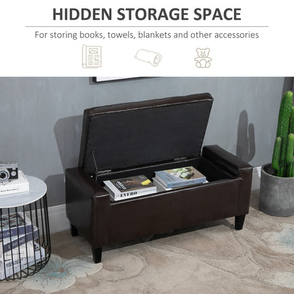HOMCOM PU Leather Storage Ottoman Bench Storage Chest Tufted Ottoman Cube w/ Flipping Top 92L x 40W x 40H cm Brown 