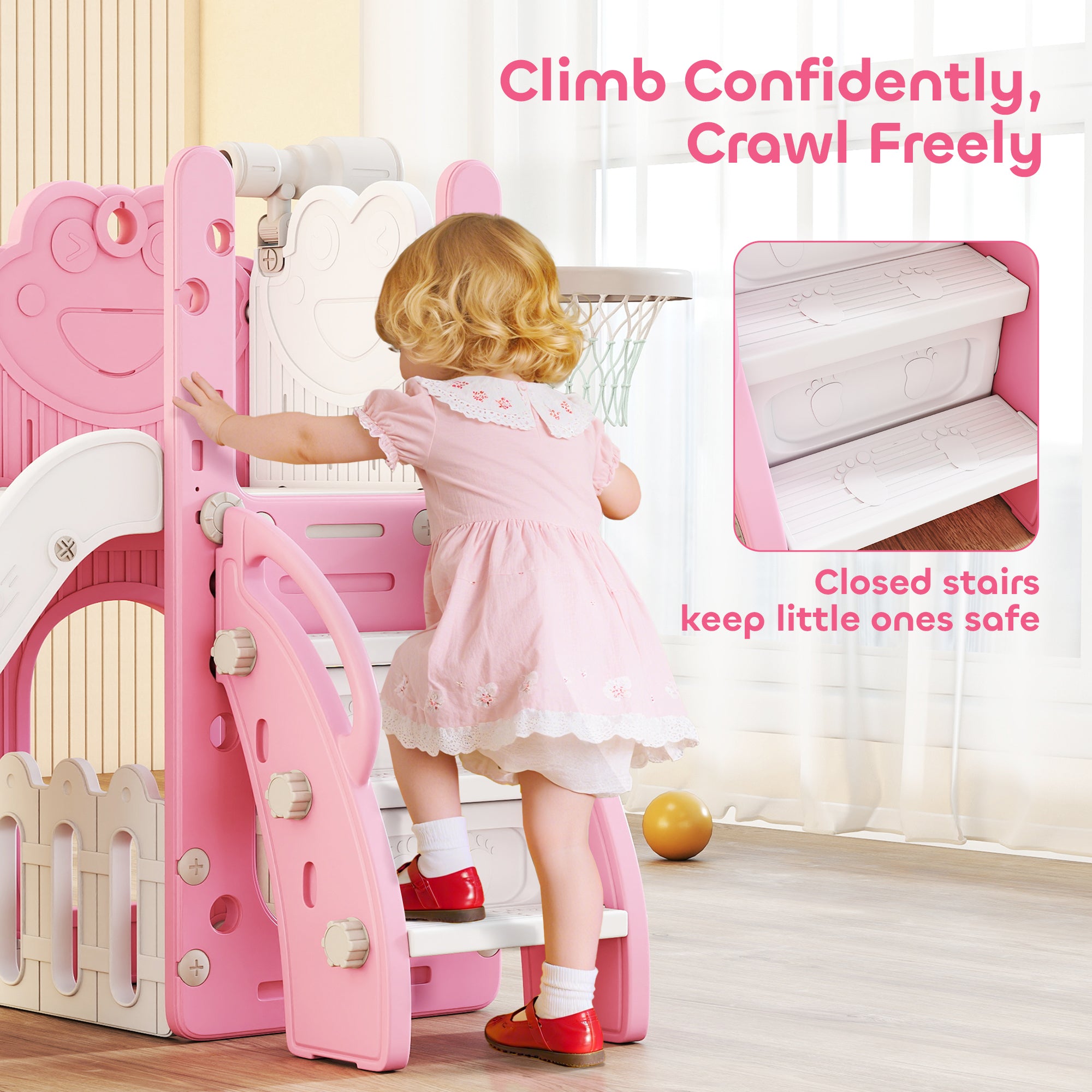 AIYAPLAY 5 in 1 Kids Slide Set with Basketball Hoop, Climbing Frame, Telescope, Storage Box for Toddlers Ages 1-3, Pink 