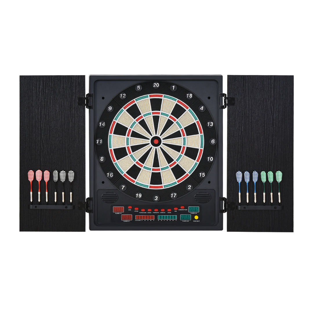 HOMCOM Electronic Dartboard Set, 27 Games Modes and 202 Variations, LED & 12 Soft Tip Darts and Cabinet to Storage, Ready-to-Play Multi-Game Option Darts Machine 