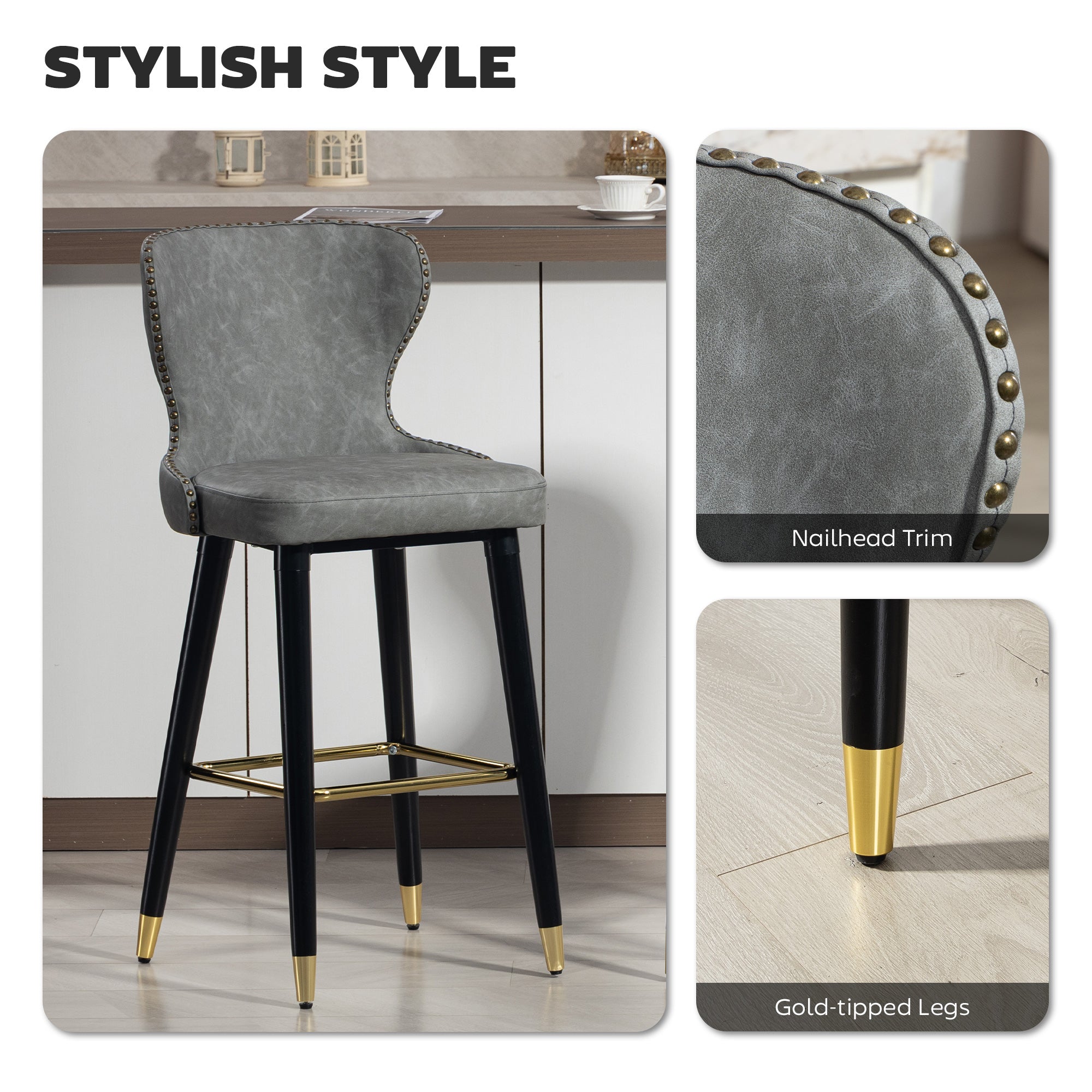 HOMCOM Bar Stools Set of 2, PU Leather Barstools with Back, Footrest and Wood Legs for Kitchen, Counter, Breakfast Bar, Grey 