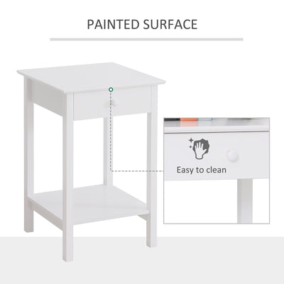 HOMCOM White Bedside Table, Wooden Side Table, Nightstand, Bedside Cabinet with Drawer and Storage Shelf for Bedroom and Living Room 