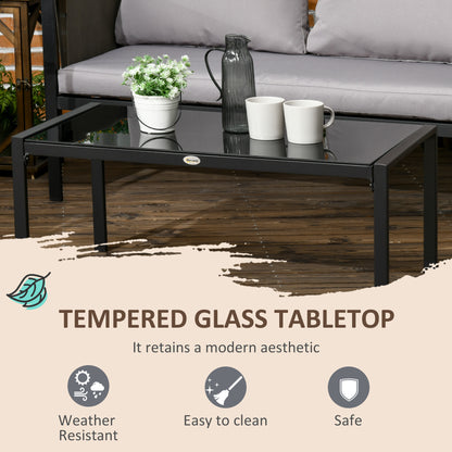 Outsunny 4 Piece Metal Garden Furniture Set with Tempered Glass Coffee Table, Texteline Pocket, Outdoor Patio Set Loveseat Single Armchairs with Padded Cushions, Light Grey 