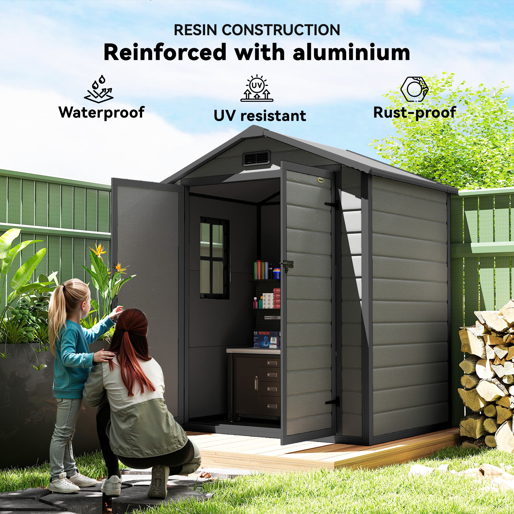 Outsunny 6'x4.5' Garden Storage Shed, Lockable Garden Shed with Double Doors, Window, Vent and Plastic Roof, Dark Grey 